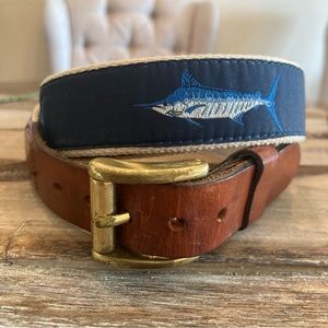 LEATHER MAN LTD ESSEX CT NAUTICAL BLUE MARLIN  CANVAS LEATHER SOLID BRASS BELT